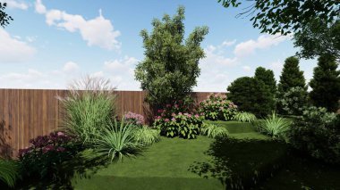 Memleketin peyzaj tasarımının 3 boyutlu görüntüsü. Bölgenin peyzajı. Birleşik peyzaj ve peyzaj çözümlerinin bilgisayar görselleştirmesi.