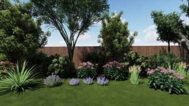 Memleketin peyzaj tasarımının 3 boyutlu görüntüsü. Bölgenin peyzajı. Birleşik peyzaj ve peyzaj çözümlerinin bilgisayar görselleştirmesi.