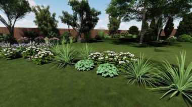 Memleketin peyzaj tasarımının 3 boyutlu görüntüsü. Bölgenin peyzajı. Birleşik peyzaj ve peyzaj çözümlerinin bilgisayar görselleştirmesi.