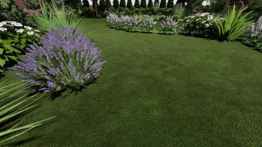 Memleketin peyzaj tasarımının 3 boyutlu görüntüsü. Bölgenin peyzajı. Birleşik peyzaj ve peyzaj çözümlerinin bilgisayar görselleştirmesi.