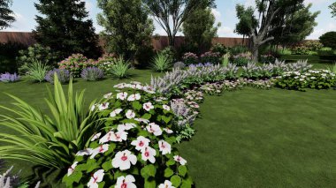 Memleketin peyzaj tasarımının 3 boyutlu görüntüsü. Bölgenin peyzajı. Birleşik peyzaj ve peyzaj çözümlerinin bilgisayar görselleştirmesi.