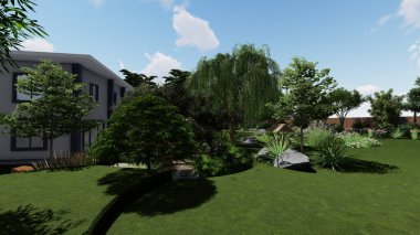 Memleketin peyzaj tasarımının 3 boyutlu görüntüsü. Bölgenin peyzajı. Birleşik peyzaj ve peyzaj çözümlerinin bilgisayar görselleştirmesi.