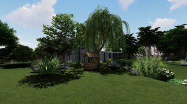 Memleketin peyzaj tasarımının 3 boyutlu görüntüsü. Bölgenin peyzajı. Birleşik peyzaj ve peyzaj çözümlerinin bilgisayar görselleştirmesi.