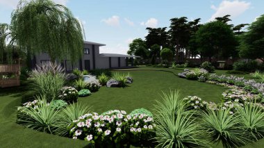 Memleketin peyzaj tasarımının 3 boyutlu görüntüsü. Bölgenin peyzajı. Birleşik peyzaj ve peyzaj çözümlerinin bilgisayar görselleştirmesi.