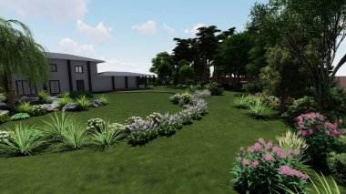 Memleketin peyzaj tasarımının 3 boyutlu görüntüsü. Bölgenin peyzajı. Birleşik peyzaj ve peyzaj çözümlerinin bilgisayar görselleştirmesi.