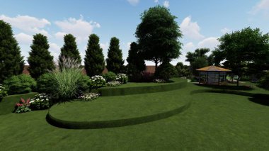 Memleketin peyzaj tasarımının 3 boyutlu görüntüsü. Bölgenin peyzajı. Birleşik peyzaj ve peyzaj çözümlerinin bilgisayar görselleştirmesi.