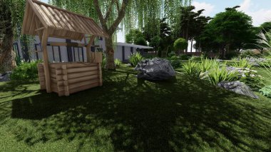 Memleketin peyzaj tasarımının 3 boyutlu görüntüsü. Bölgenin peyzajı. Birleşik peyzaj ve peyzaj çözümlerinin bilgisayar görselleştirmesi.