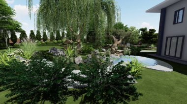 Memleketin peyzaj tasarımının 3 boyutlu görüntüsü. Bölgenin peyzajı. Birleşik peyzaj ve peyzaj çözümlerinin bilgisayar görselleştirmesi.