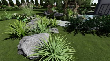 Memleketin peyzaj tasarımının 3 boyutlu görüntüsü. Bölgenin peyzajı. Birleşik peyzaj ve peyzaj çözümlerinin bilgisayar görselleştirmesi.