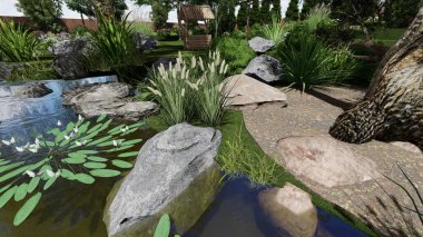 Memleketin peyzaj tasarımının 3 boyutlu görüntüsü. Bölgenin peyzajı. Birleşik peyzaj ve peyzaj çözümlerinin bilgisayar görselleştirmesi.