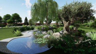 Memleketin peyzaj tasarımının 3 boyutlu görüntüsü. Bölgenin peyzajı. Birleşik peyzaj ve peyzaj çözümlerinin bilgisayar görselleştirmesi.