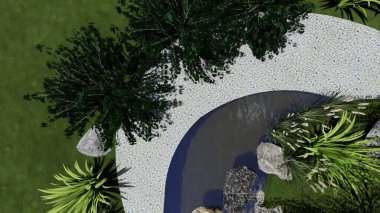 Memleketin peyzaj tasarımının 3 boyutlu görüntüsü. Bölgenin peyzajı. Birleşik peyzaj ve peyzaj çözümlerinin bilgisayar görselleştirmesi.