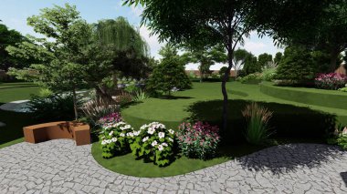 Memleketin peyzaj tasarımının 3 boyutlu görüntüsü. Bölgenin peyzajı. Birleşik peyzaj ve peyzaj çözümlerinin bilgisayar görselleştirmesi.