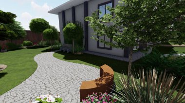 Memleketin peyzaj tasarımının 3 boyutlu görüntüsü. Bölgenin peyzajı. Birleşik peyzaj ve peyzaj çözümlerinin bilgisayar görselleştirmesi.