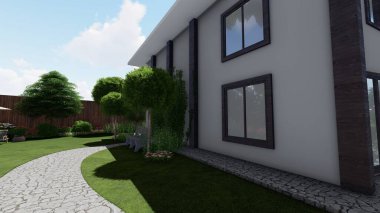 Memleketin peyzaj tasarımının 3 boyutlu görüntüsü. Bölgenin peyzajı. Birleşik peyzaj ve peyzaj çözümlerinin bilgisayar görselleştirmesi.