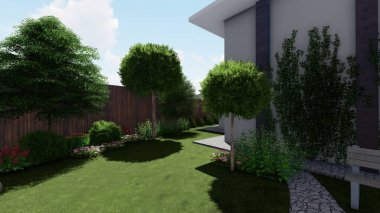 Memleketin peyzaj tasarımının 3 boyutlu görüntüsü. Bölgenin peyzajı. Birleşik peyzaj ve peyzaj çözümlerinin bilgisayar görselleştirmesi.