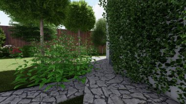 Memleketin peyzaj tasarımının 3 boyutlu görüntüsü. Bölgenin peyzajı. Birleşik peyzaj ve peyzaj çözümlerinin bilgisayar görselleştirmesi.