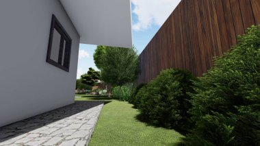 Memleketin peyzaj tasarımının 3 boyutlu görüntüsü. Bölgenin peyzajı. Birleşik peyzaj ve peyzaj çözümlerinin bilgisayar görselleştirmesi.