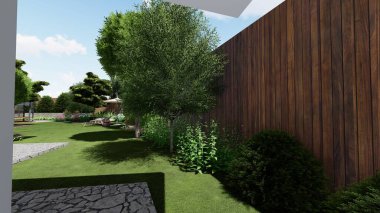 Memleketin peyzaj tasarımının 3 boyutlu görüntüsü. Bölgenin peyzajı. Birleşik peyzaj ve peyzaj çözümlerinin bilgisayar görselleştirmesi.