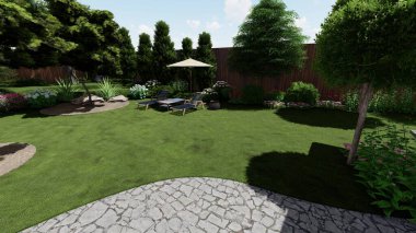 Memleketin peyzaj tasarımının 3 boyutlu görüntüsü. Bölgenin peyzajı. Birleşik peyzaj ve peyzaj çözümlerinin bilgisayar görselleştirmesi.