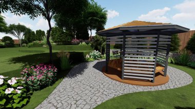 Memleketin peyzaj tasarımının 3 boyutlu görüntüsü. Bölgenin peyzajı. Birleşik peyzaj ve peyzaj çözümlerinin bilgisayar görselleştirmesi.