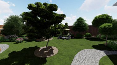 Memleketin peyzaj tasarımının 3 boyutlu görüntüsü. Bölgenin peyzajı. Birleşik peyzaj ve peyzaj çözümlerinin bilgisayar görselleştirmesi.