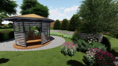 Memleketin peyzaj tasarımının 3 boyutlu görüntüsü. Bölgenin peyzajı. Birleşik peyzaj ve peyzaj çözümlerinin bilgisayar görselleştirmesi.