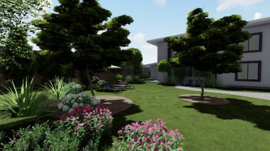 Memleketin peyzaj tasarımının 3 boyutlu görüntüsü. Bölgenin peyzajı. Birleşik peyzaj ve peyzaj çözümlerinin bilgisayar görselleştirmesi.