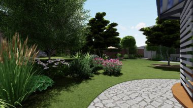 Memleketin peyzaj tasarımının 3 boyutlu görüntüsü. Bölgenin peyzajı. Birleşik peyzaj ve peyzaj çözümlerinin bilgisayar görselleştirmesi.