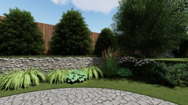 Memleketin peyzaj tasarımının 3 boyutlu görüntüsü. Bölgenin peyzajı. Birleşik peyzaj ve peyzaj çözümlerinin bilgisayar görselleştirmesi.