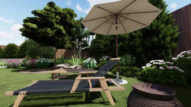 Memleketin peyzaj tasarımının 3 boyutlu görüntüsü. Bölgenin peyzajı. Birleşik peyzaj ve peyzaj çözümlerinin bilgisayar görselleştirmesi.