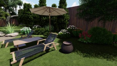 Memleketin peyzaj tasarımının 3 boyutlu görüntüsü. Bölgenin peyzajı. Birleşik peyzaj ve peyzaj çözümlerinin bilgisayar görselleştirmesi.