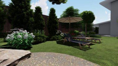 Memleketin peyzaj tasarımının 3 boyutlu görüntüsü. Bölgenin peyzajı. Birleşik peyzaj ve peyzaj çözümlerinin bilgisayar görselleştirmesi.