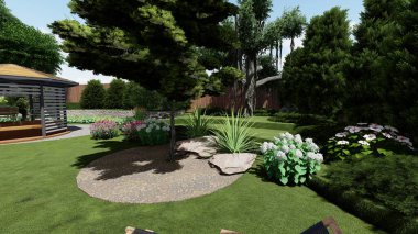 Memleketin peyzaj tasarımının 3 boyutlu görüntüsü. Bölgenin peyzajı. Birleşik peyzaj ve peyzaj çözümlerinin bilgisayar görselleştirmesi.