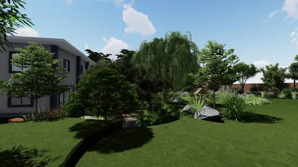 Memleketin peyzaj tasarımının 3 boyutlu görüntüsü. Bölgenin peyzajı. Birleşik peyzaj ve peyzaj çözümlerinin bilgisayar görselleştirmesi.