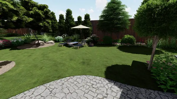 Memleketin peyzaj tasarımının 3 boyutlu görüntüsü. Bölgenin peyzajı. Birleşik peyzaj ve peyzaj çözümlerinin bilgisayar görselleştirmesi.