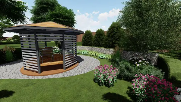 Memleketin peyzaj tasarımının 3 boyutlu görüntüsü. Bölgenin peyzajı. Birleşik peyzaj ve peyzaj çözümlerinin bilgisayar görselleştirmesi.