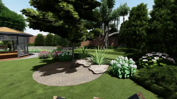 Memleketin peyzaj tasarımının 3 boyutlu görüntüsü. Bölgenin peyzajı. Birleşik peyzaj ve peyzaj çözümlerinin bilgisayar görselleştirmesi.