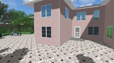 Memleketin peyzaj tasarımının 3 boyutlu görüntüsü. Bölgenin peyzajı. Birleşik peyzaj ve peyzaj çözümlerinin bilgisayar görselleştirmesi.