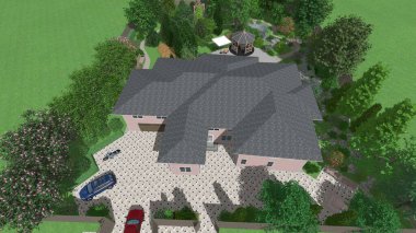 Memleketin peyzaj tasarımının 3 boyutlu görüntüsü. Bölgenin peyzajı. Birleşik peyzaj ve peyzaj çözümlerinin bilgisayar görselleştirmesi.