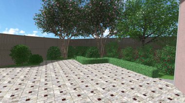 Memleketin peyzaj tasarımının 3 boyutlu görüntüsü. Bölgenin peyzajı. Birleşik peyzaj ve peyzaj çözümlerinin bilgisayar görselleştirmesi.