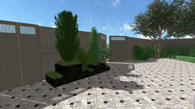 Memleketin peyzaj tasarımının 3 boyutlu görüntüsü. Bölgenin peyzajı. Birleşik peyzaj ve peyzaj çözümlerinin bilgisayar görselleştirmesi.