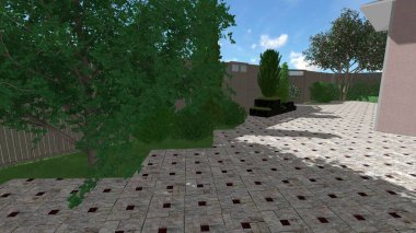 Memleketin peyzaj tasarımının 3 boyutlu görüntüsü. Bölgenin peyzajı. Birleşik peyzaj ve peyzaj çözümlerinin bilgisayar görselleştirmesi.