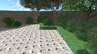 Memleketin peyzaj tasarımının 3 boyutlu görüntüsü. Bölgenin peyzajı. Birleşik peyzaj ve peyzaj çözümlerinin bilgisayar görselleştirmesi.