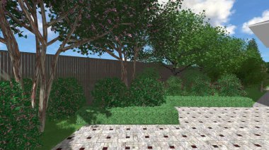 Memleketin peyzaj tasarımının 3 boyutlu görüntüsü. Bölgenin peyzajı. Birleşik peyzaj ve peyzaj çözümlerinin bilgisayar görselleştirmesi.