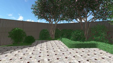 Memleketin peyzaj tasarımının 3 boyutlu görüntüsü. Bölgenin peyzajı. Birleşik peyzaj ve peyzaj çözümlerinin bilgisayar görselleştirmesi.