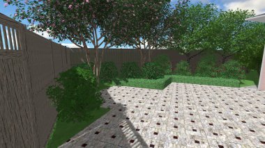 Memleketin peyzaj tasarımının 3 boyutlu görüntüsü. Bölgenin peyzajı. Birleşik peyzaj ve peyzaj çözümlerinin bilgisayar görselleştirmesi.