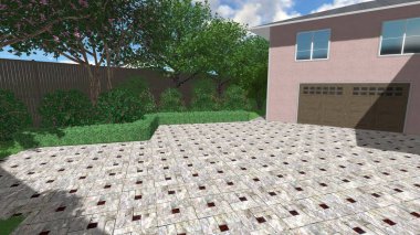 Memleketin peyzaj tasarımının 3 boyutlu görüntüsü. Bölgenin peyzajı. Birleşik peyzaj ve peyzaj çözümlerinin bilgisayar görselleştirmesi.