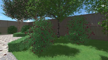 Memleketin peyzaj tasarımının 3 boyutlu görüntüsü. Bölgenin peyzajı. Birleşik peyzaj ve peyzaj çözümlerinin bilgisayar görselleştirmesi.