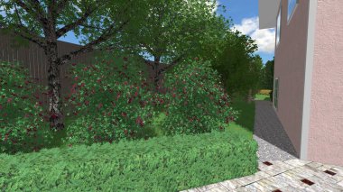 Memleketin peyzaj tasarımının 3 boyutlu görüntüsü. Bölgenin peyzajı. Birleşik peyzaj ve peyzaj çözümlerinin bilgisayar görselleştirmesi.